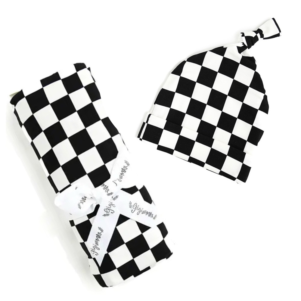 Gigi and Max Axel (checker) Swaddle and Hat Set [sold out online]